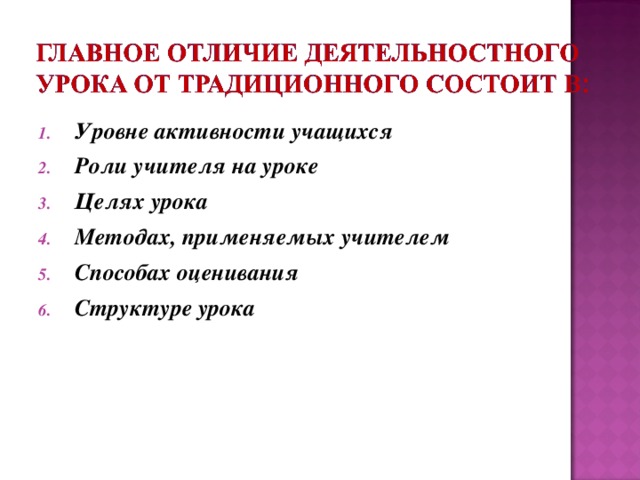 Уровне активности учащихся Роли учителя на уроке Целях урока Методах, применяемых учителем Способах оценивания Структуре урока