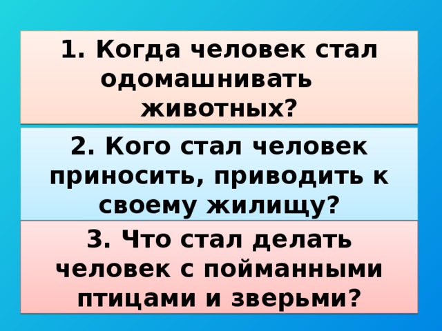 1. Когда человек стал одомашнивать животных? 2. Кого стал человек приносить, приводить к своему жилищу? 3. Что стал делать человек с пойманными птицами и зверьми?