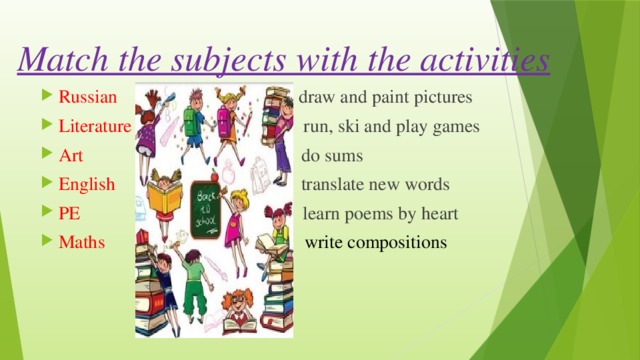 Match the subjects with the activities