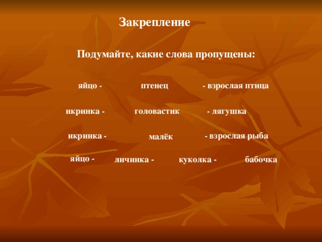 Закрепление Подумайте, какие слова пропущены: яйцо - птенец - взрослая  птица икринка - головастик - лягушка икринка - - взрослая рыба малёк яйцо - личинка - куколка - бабочка