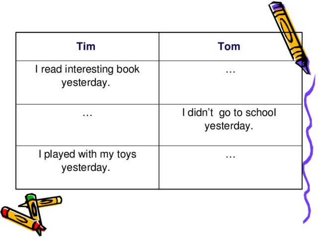 Tim Tom I read interesting book yesterday. … … I didn’t go to school yesterday. I played with my toys yesterday. …