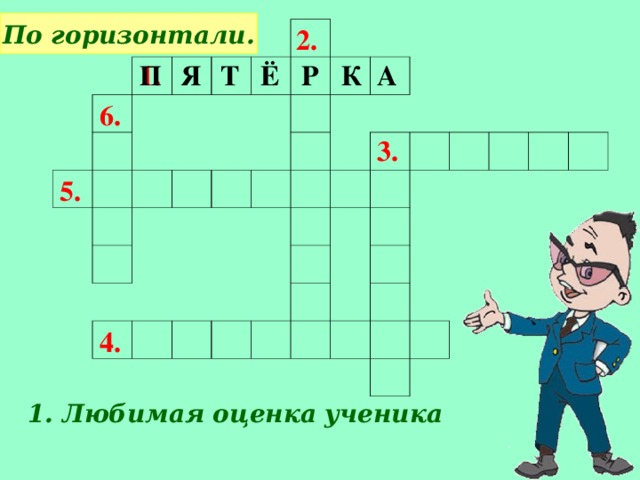 По горизонтали. 2. 1. П Я Т Ё Р К А 6. 3. 5. 4. 1. Любимая оценка ученика