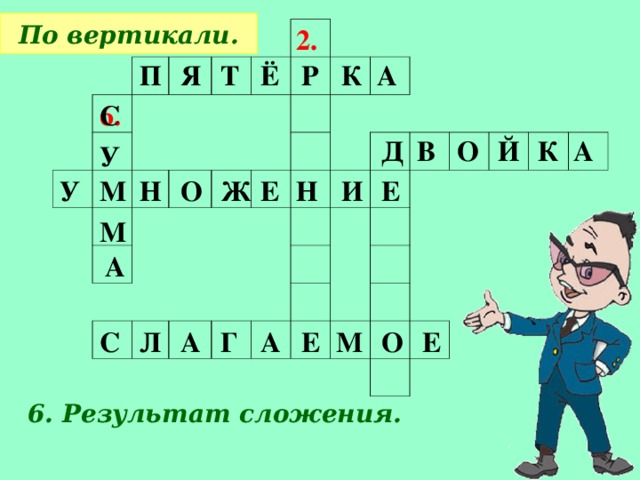 По вертикали. 2. А П Я Т Ё Р К 6. С Й А К О В Д У О Е У Ж М Н И Е Н М А Е О М Е А Г Л С А 6. Результат сложения.