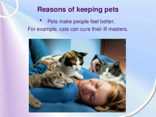 Reasons of keeping pets  Pets make people feel better. For example, cats can cure their ill masters.