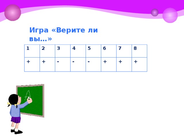 Игра «Верите ли вы…» 1  2 +  + 3 4 - - 5 6 - + 7 + 8 +