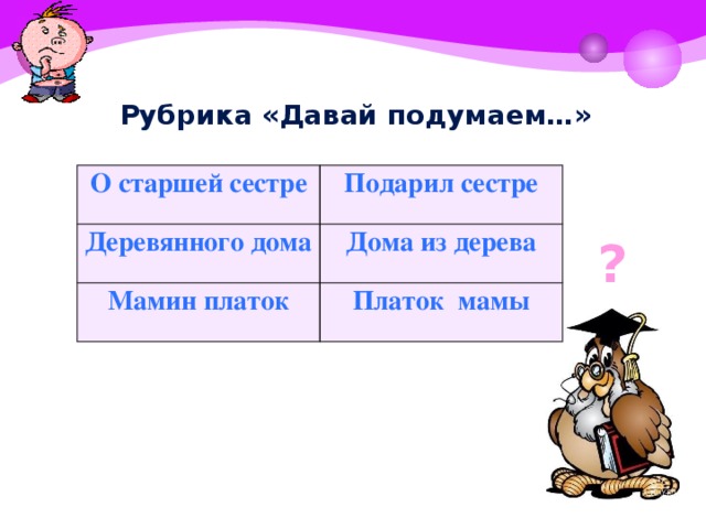 Рубрика «Давай подумаем…» О старшей сестре Подарил сестре Деревянного дома Дома из дерева Мамин платок Платок мамы ?