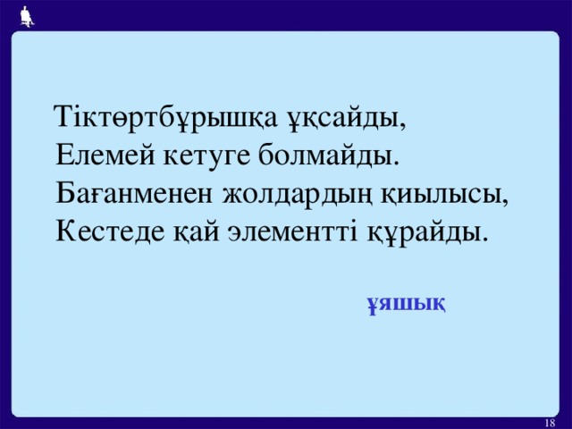 Тіктөртбұрышқа ұқсайды,  Елемей кетуге болмайды.  Бағанменен жолдардың қиылысы,  Кестеде қай элементті құрайды.    ұяшық