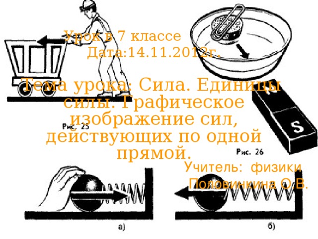 Урок в 7 классе Дата:14.11.2012г .   Тема урока: Сила. Единицы  силы. Графическое изображение сил, действующих по одной прямой. Учитель: физики Половинкина О.В.