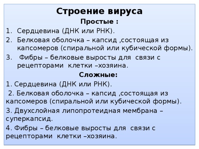 Строение вируса Простые : Сердцевина (ДНК или РНК). Белковая оболочка – капсид ,состоящая из капсомеров (спиральной или кубической формы).  Фибры – белковые выросты для связи с рецепторами клетки –хозяина. Сложные:  1. Сердцевина (ДНК или РНК).  2. Белковая оболочка – капсид ,состоящая из капсомеров (спиральной или кубической формы). 3. Двухслойная липопротеидная мембрана – суперкапсид. 4. Фибры – белковые выросты для связи с рецепторами клетки –хозяина.