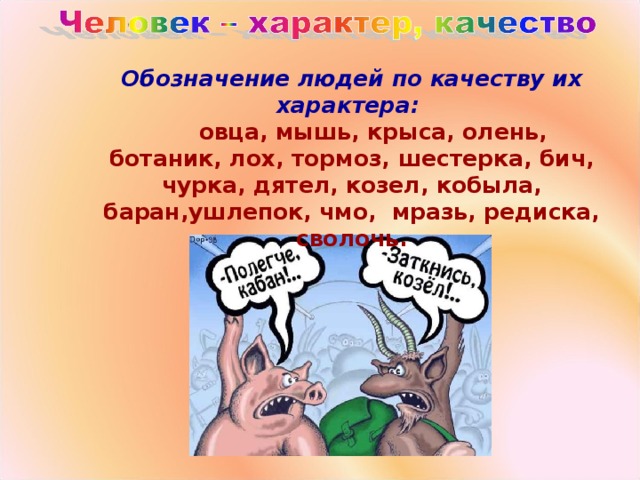 Обозначение людей по качеству их характера:   овца, мышь, крыса, олень, ботаник, лох, тормоз, шестерка, бич, чурка, дятел, козел, кобыла, баран,ушлепок, чмо, мразь, редиска, сволочь.