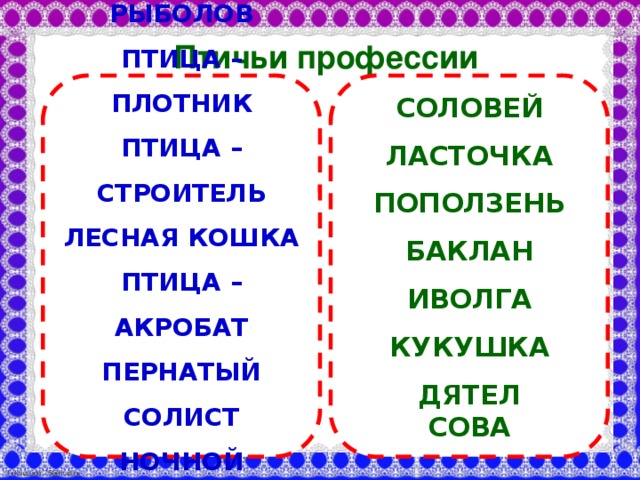 Птичьи профессии ПТИЦА – РЫБОЛОВ СОЛОВЕЙ ПТИЦА – ПЛОТНИК ЛАСТОЧКА ПТИЦА – СТРОИТЕЛЬ ПОПОЛЗЕНЬ ЛЕСНАЯ КОШКА БАКЛАН ПТИЦА – АКРОБАТ ИВОЛГА ПЕРНАТЫЙ СОЛИСТ КУКУШКА ДЯТЕЛ НОЧНОЙ ХИЩНИК ЛЕГКОМЫСЛЕННАЯ МАМАША СОВА