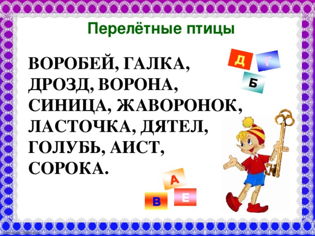 Д Г Б А Перелётные птицы ВОРОБЕЙ, ГАЛКА, ДРОЗД, ВОРОНА, СИНИЦА, ЖАВОРОНОК, ЛАСТОЧКА, ДЯТЕЛ, ГОЛУБЬ, АИСТ, СОРОКА. Е В