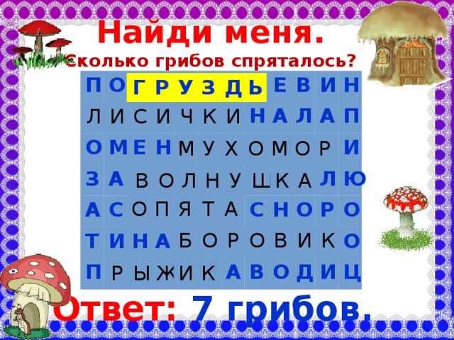 Найди меня. Сколько грибов спряталось? П О Л О Г И Р М З С А У И Е А Ч В Н С Т З О И О П М К Д Ь Н У П Л И Р Н Я Н А Ы Х Е В Т О Ж У А Б И О А Л М Ш И Р С К К О А Н А О Н А П Р В О В И Л О И Ю Р Д К О И О Ц Г Р У З Д Ь Л И С И Ч К И М У Х О М О Р В О Л Н У Ш К А О П Я Т А Б О Р О В И К Р Ы Ж И К Ответ: 7 грибов.