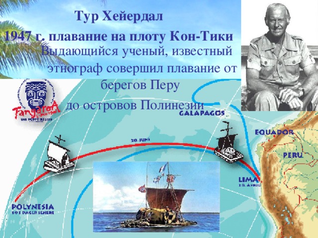 Тур Хейердал  1947 г. плавание на плоту Кон-Тики  Выдающийся ученый, известный этнограф совершил плавание от берегов Перу до островов Полинезии