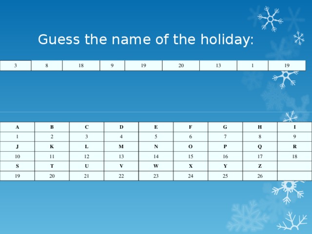 Guess the name of the holiday: 3 8 18 9 19 20 13 1 19 A 1 B J 2 C 10 D 3 K 11 E S L 4 M 12 5 19 T F 13 N G 6 20 U 14 21 H O 7 V I 15 P 22 W 8 16 23 9 Q X 17 R 24 Y 18 Z 25   26  