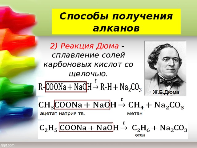 Из алкана получить кислоту. Сплавления реакция Дюма. Синтез Дюма. Реакция Дюма для алканов. Реакция Дюма и Вюрца.