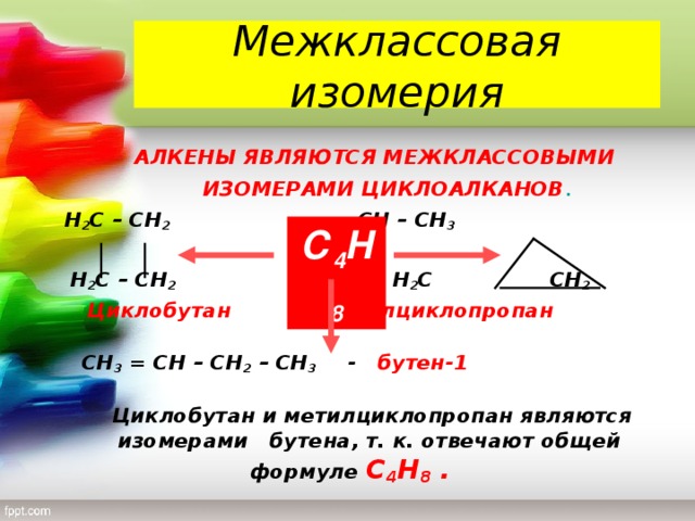 Межклассовая изомерия  АЛКЕНЫ ЯВЛЯЮТСЯ МЕЖКЛАССОВЫМИ ИЗОМЕРАМИ ЦИКЛОАЛКАНОВ .  Н 2 С – СН 2       СН – СН 3   Н 2 С – СН 2         Н 2 С  СН 2  Циклобутан     Метилциклопропан      СН 3 = СН – СН 2 – СН 3  - бутен-1   Циклобутан и метилциклопропан являются изомерами бутена, т. к. отвечают общей формуле С 4 Н 8 .   С 4 Н 8