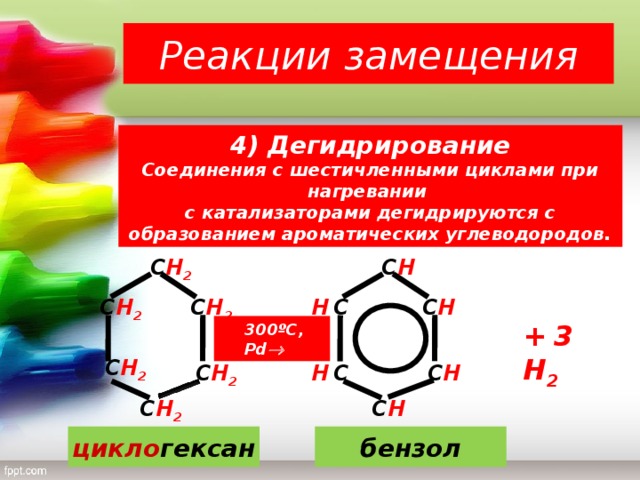 Реакции замещения   4) Дегидрирование Соединения с шестичленными циклами при нагревании с катализаторами дегидрируются с образованием ароматических углеводородов. С H 2 С H H  С С H С H 2 С H 2 +   3 H 2   300º C , Pd      С H 2 С H С H 2 H  С С H С H 2 цикло гексан бензол