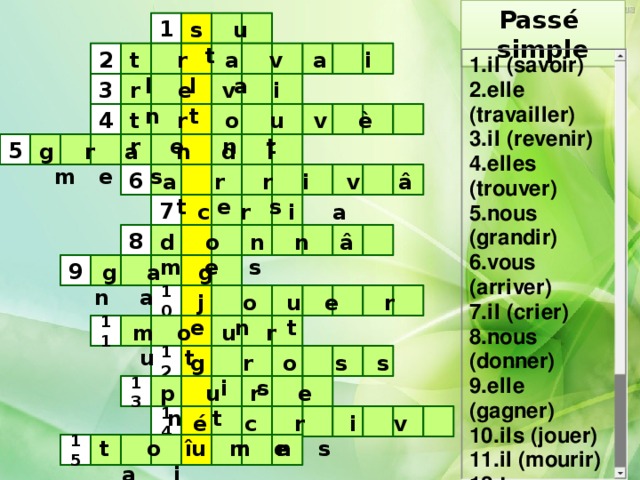 Pass é simple 1 s u t     2        t r a v a i l l a     r e v i n t  3     4  t r o u v è r e n t         g r a n d î m e s      5     a r r i v â t e s     6        7    c r i a   8 d o n n â m e s        g a g n a  9        j o u e r e n t  10       m o u r u t       11     12 g r o s s i s         13  p u r e n t  é c r i v î m e s     14      t o u r n a i   15