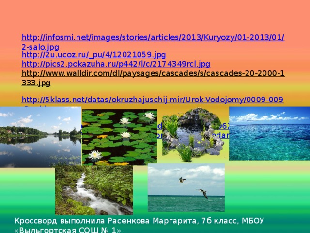 http://infosmi.net/images/stories/articles/2013/Kuryozy/01-2013/01/2-salo.jpg http://2u.ucoz.ru/_pu/4/12021059.jpg  http://pics2.pokazuha.ru/p442/l/c/2174349rcl.jpg  http://www.walldir.com/dl/paysages/cascades/s/cascades-20-2000-1333.jpg  http://5klass.net/datas/okruzhajuschij-mir/Urok-Vodojomy/0009-009-Prud.jpg  http://www.imperiumtapet.com/media/wallpaper/29627/image/3467ab0c0a92ba1f1753_720x540_cropromiar-niestandardowy.jpg Кроссворд выполнила Расенкова Маргарита, 7б класс, МБОУ «Выльгортская СОШ № 1»