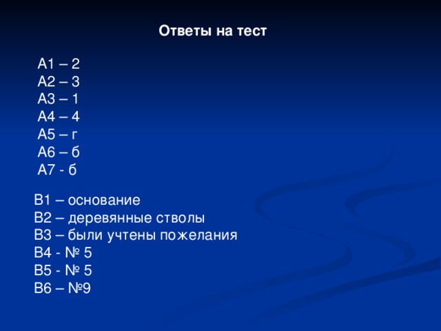 Ответы на тест А1 – 2 А2 – 3 А3 – 1 А4 – 4 А5 – г А6 – б А7 - б В1 – основание В2 – деревянные стволы В3 – были учтены пожелания В4 - № 5 В5 - № 5 В6 – №9