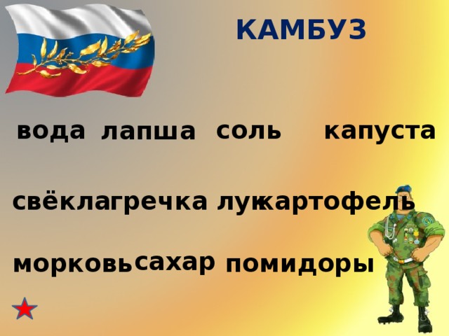 КАМБУЗ вода соль  капуста лапша свёкла гречка лук картофель сахар  морковь помидоры