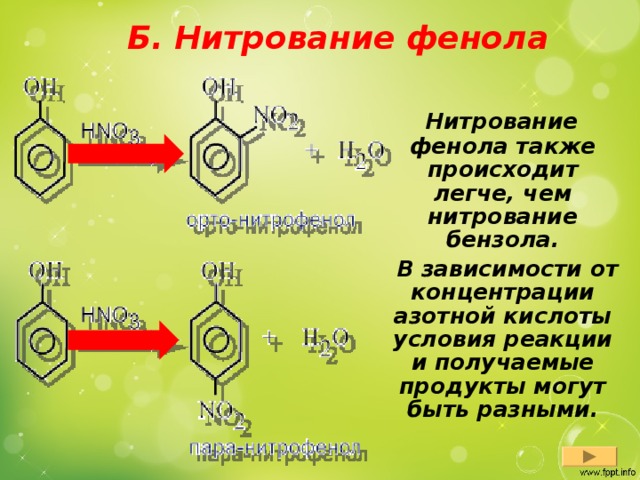 Б. Нитрование фенола    Нитрование фенола также происходит легче, чем нитрование бензола.  В зависимости от концентрации азотной кислоты условия реакции и получаемые продукты могут быть разными.