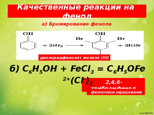 Качественные реакции на фенол а) Бромирование фенола дихлоридфенолят железа ( III)  б) C 6 H 5 OH + FeCl 3 =  C 6 H 5 OFe 2+ (Cl - ) 2  2,4,6- трибромфенол  ( фиолетовое окрашивание )
