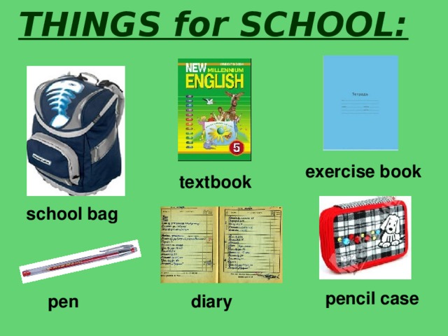 THINGS for SCHOOL: exercise book textbook school bag pencil case pen diary