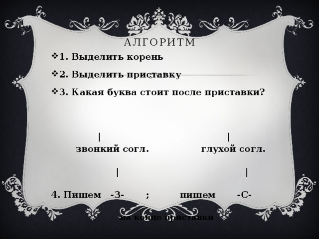 АЛГОРИТМ 1. Выделить корень 2. Выделить приставку 3. Какая буква стоит после приставки?  | |  звонкий согл. глухой согл.  | | 4. Пишем -З- ; пишем -С-   на конце приставки