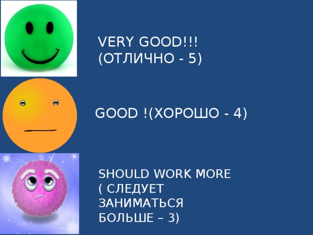 VERY GOOD!!! (ОТЛИЧНО - 5) GOOD !(ХОРОШО - 4) SHOULD WORK MORE ( СЛЕДУЕТ ЗАНИМАТЬСЯ БОЛЬШЕ – 3)