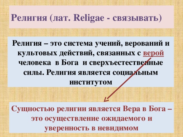 Религия (лат. Religae - связывать) Религия – это система учений, верований и культовых действий, связанных с верой человека в Бога и сверхъестественные силы. Религия является социальным институтом Сущностью религии является Вера в Бога – это осуществление ожидаемого и уверенность в невидимом 14