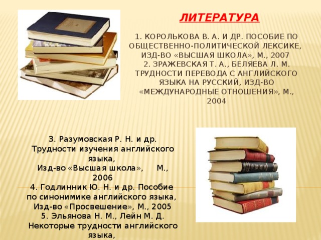 ЛИТЕРАТУРА 1. Королькова В. А. и др. Пособие по общественно-политической лексике,  Изд-во «Высшая школа», м., 2007  2. Зражевская Т. А., Беляева Л. М. Трудности перевода с английского языка на русский, Изд-во «Международные отношения», М., 2004   3. Разумовская Р. Н. и др. Трудности изучения английского языка, Изд-во «Высшая школа», М., 2006  4. Годлинник Ю. Н. и др. Пособие по синонимике английского языка, Изд-во «Просвешение», М., 2005  5. Эльянова Н. М., Лейн М. Д. Некоторые трудности английского языка, Изд-во «Просвещение», С-П., 2003