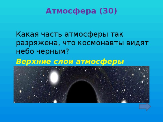 Атмосфера (30)    Какая часть атмосферы так разряжена, что космонавты видят небо черным?  Верхние слои атмосферы