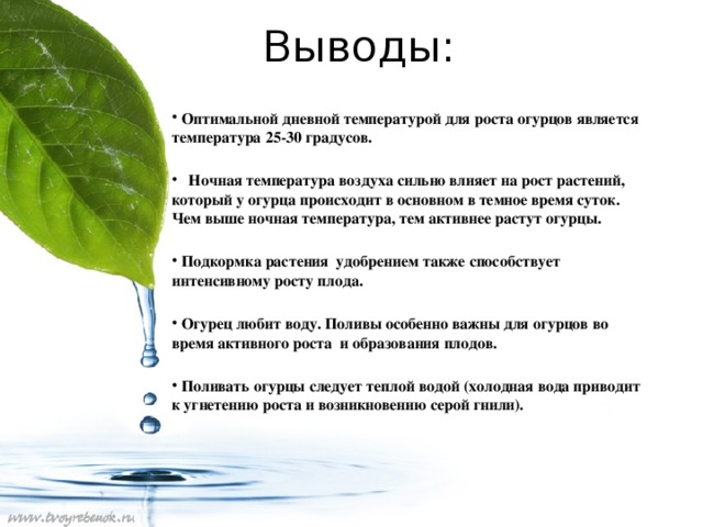 Выводы:  Оптимальной дневной температурой для роста огурцов является температура 25-30 градусов.   Ночная температура воздуха сильно влияет на рост растений, который у огурца происходит в основном в темное время суток. Чем выше ночная температура, тем активнее растут огурцы.   Подкормка растения удобрением также способствует интенсивному росту плода.   Огурец любит воду. Поливы особенно важны для огурцов во время активного роста  и образования плодов.