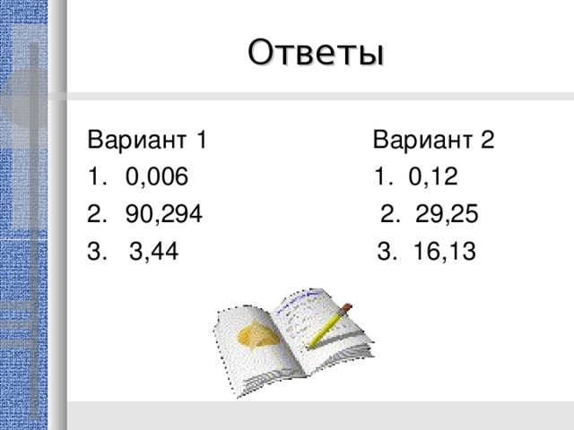 Ответы Вариант 1 Вариант 2 0,006 1. 0,12 90,294 2. 29,25 3. 3,44 3. 16,13