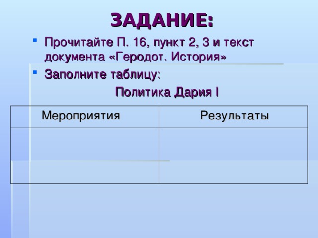 ЗАДАНИЕ: Прочитайте П. 16, пункт 2, 3 и текст документа «Геродот. История» Заполните таблицу:  Политика Дария I  Мероприятия  Результаты