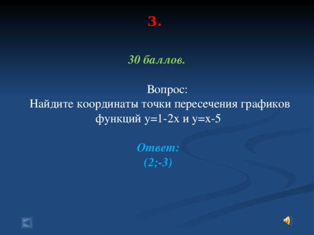 3.     30 баллов.   Вопрос:  Найдите координаты точки пересечения графиков функций у=1-2х и у=х-5  Ответ: (2;-3)