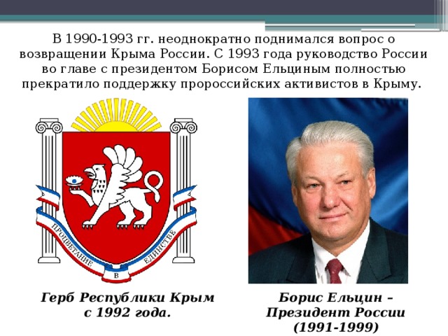 В 1990-1993 гг. неоднократно поднимался вопрос о возвращении Крыма России. С 1993 года руководство России во главе с президентом Борисом Ельциным полностью прекратило поддержку пророссийских активистов в Крыму. Герб Республики Крым с 1992 года. Борис Ельцин – Президент России (1991-1999)