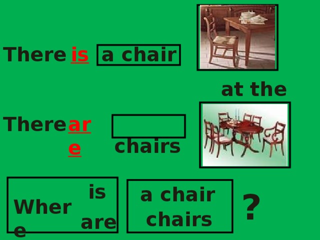 There is a chair  at the table. are There  chairs is a chair ? Where  chairs are