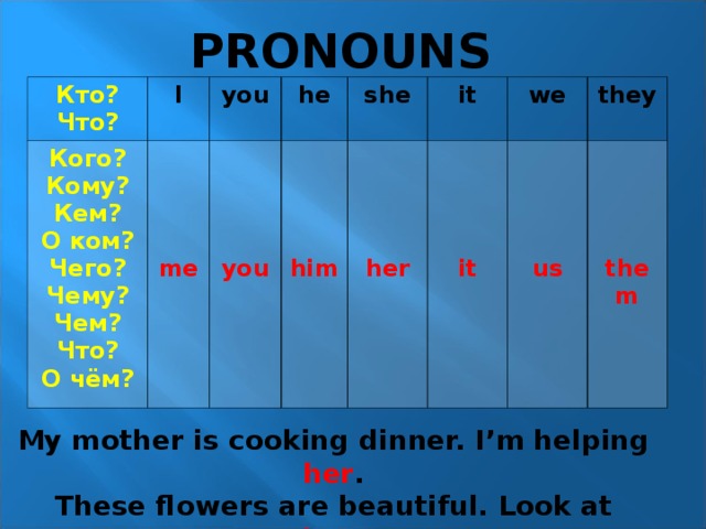 PRONOUNS Кто? Что? Кого? Кому? Кем? О ком? Чего? Чему? Чем? Что? О чём? I you me he you she him it her we it they us them My mother is cooking dinner. I’m helping her . These flowers are beautiful. Look at them .