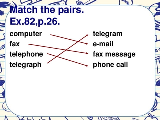 Match the pairs.  Ex.82,p.26. computer telegram fax e-mail telephone fax message telegraph phone call
