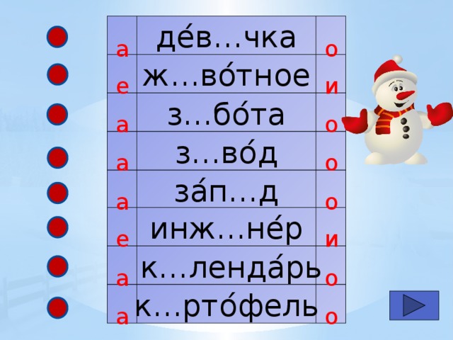 де ́в…чка а о ж…во ́тное е и з…бо ́ та о а з…во ́ д а о за ́ п…д о а инж…не ́р и е  к…ленда ́ рь а о к…рто ́ фель о а