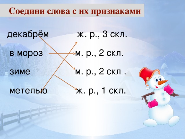 Соедини слова с их признаками  декабрём  ж. р., 3 скл.  в мороз  м. р., 2 скл.  зиме  м. р., 2 скл .  метелью  ж. р., 1 скл.