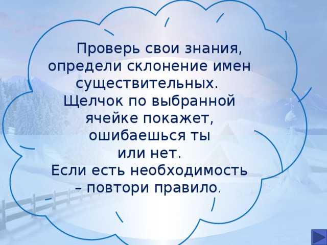 Проверь свои знания, определи склонение имен существительных. Щелчок по выбранной ячейке покажет, ошибаешься ты Коломенская В.Г. 29.02.2012 или нет. Если есть необходимость – повтори правило .