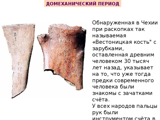 Домеханический период Обнаруженная в Чехии при раскопках так называемая «Вестоницкая кость