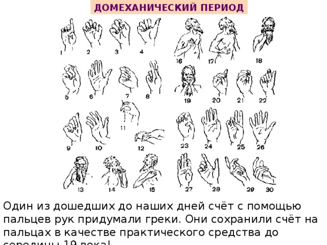 Домеханический период Один из дошедших до наших дней счёт с помощью пальцев рук придумали греки. Они сохранили счёт на пальцах в качестве практического средства до середины 19 века!