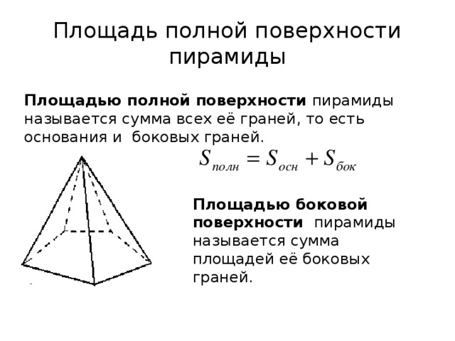 Площадь полной поверхности пирамиды Площадью полной поверхности пирамиды называется сумма всех её граней, то есть основания и боковых граней. Площадью боковой поверхности пирамиды называется сумма площадей её боковых граней.