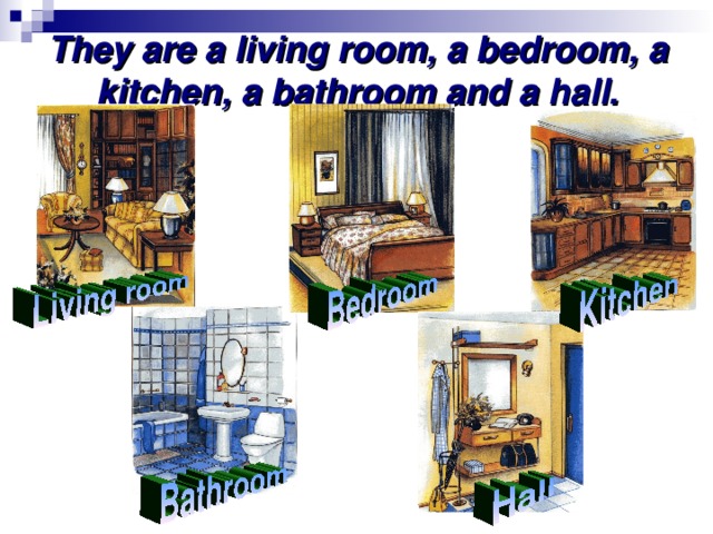 They are a living room, a bedroom, a kitchen, a bathroom and a hall.