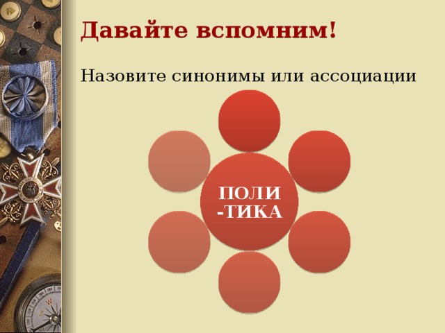 Давайте вспомним! Назовите синонимы или ассоциации  ПОЛИ-ТИКА